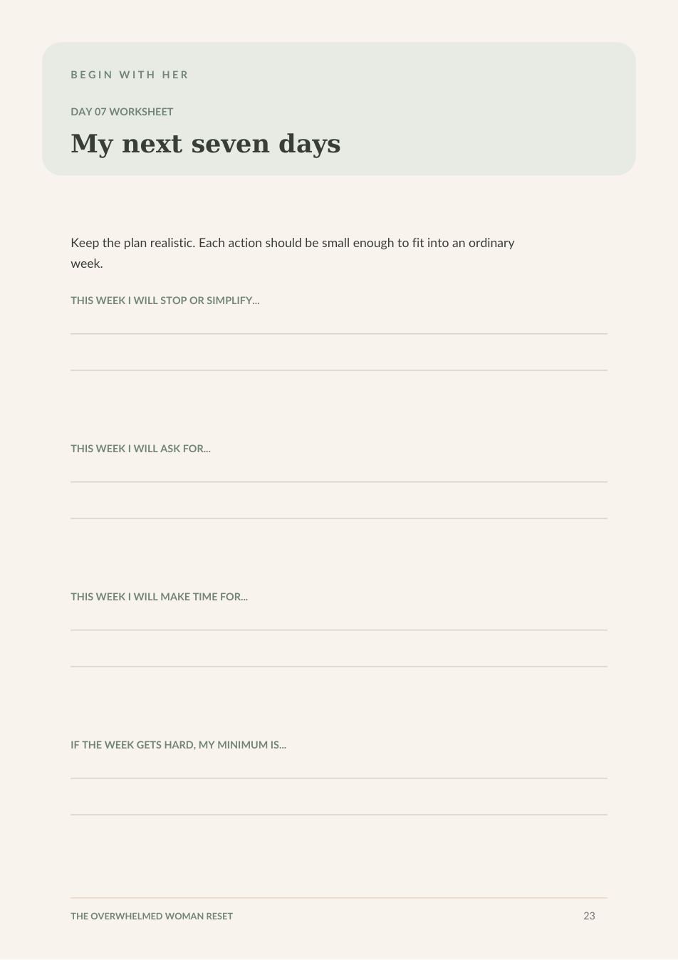The Overwhelmed Woman Reset – 7 Day Self Care Workbook